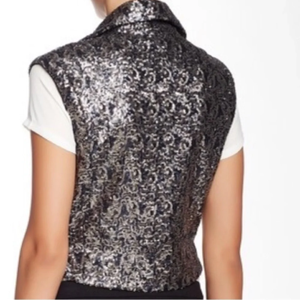 Catherine Malandrino Sequin Moto Vest Galaxy Black Silver Size 4